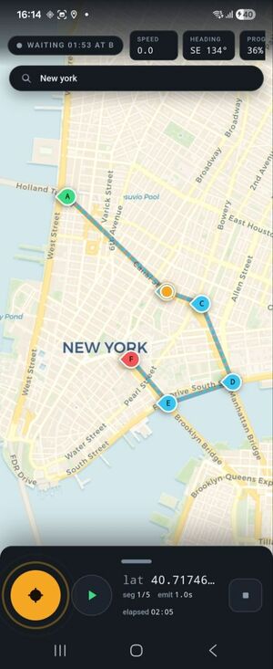 Route Spoofer playing back a route, paused at a waypoint